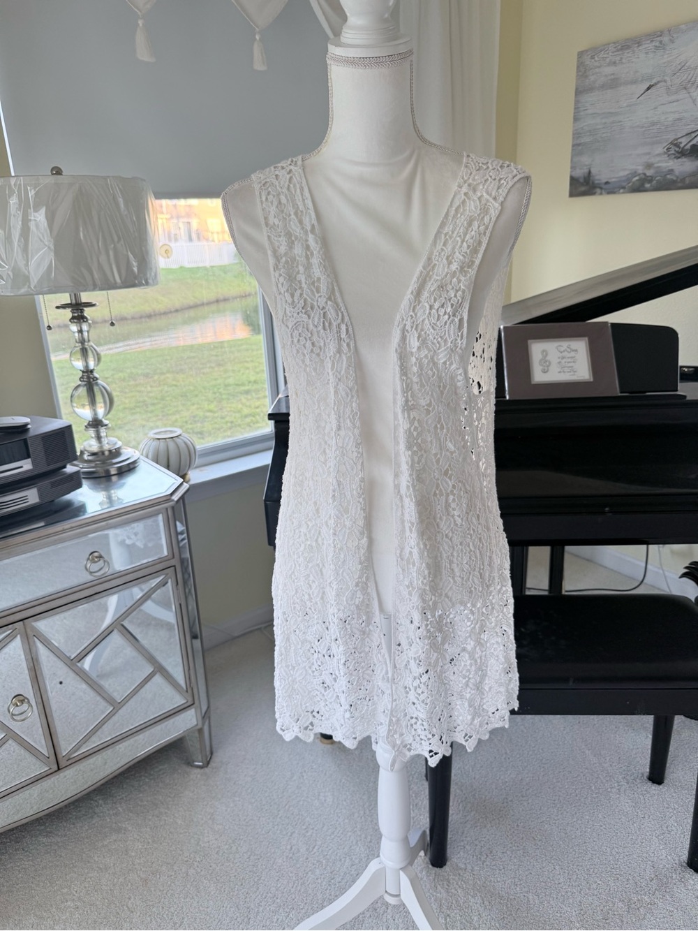 Gleamiss white lace cotton crochet summer duster sleeveless open front womens